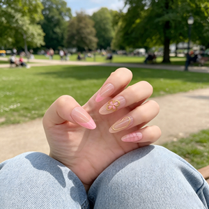 <span class=keywords><strong>Uñas</strong></span> Postizas 3D con Lámina Dorada, Diseño Floral/Rejilla/Líneas, Serie <span class=keywords><strong>Rosa</strong></span> para Mujer, Estilo Ins, Forma Almendrada, Adhesivos Decorativos para <span class=keywords><strong>Uñas</strong></span> - Product Image 3