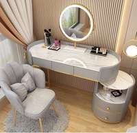 Coiffeuse de luxe ronde en pin massif avec miroir LED, grand coffre de rangement, station de maquillage moderne pour chambre à coucher