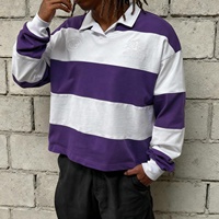 Chemise ample à rayures brodées vintage QIANSHI, style streetwear personnalisé, manches longues, polo de rugby pour homme