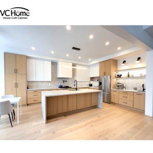 Modern Oak Wood Veneer Modular <strong>Kitchen</strong> <strong>Cabinets</strong> Set with Sink Hardware Faucet Hinge Quartz Countertop for Hospital Apartment Use - Product Image 3