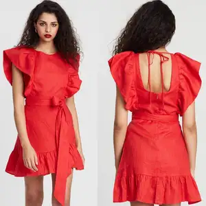 Fashion Red Ruffle Linen Mini Dress Women
