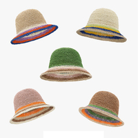 Topi Jerami Wanita Lipat Warna-warni Rajut Model Bucket untuk Liburan Musim Panas di Tepi Laut, Pelindung Sinar Matahari, Penahan Panas
