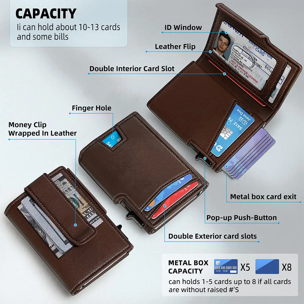 Slim Aluminum Card holder Case Men 's Rfid Genuine Leather Pop up wallet with money clip