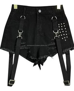 Shorts de mezclilla para mujer de cintura media con cadena, patchwork, encaje y botones decorativos, transpirables, ecológicos, de secado rápido, de pierna ancha y ajuste holgado. - Product Image 2
