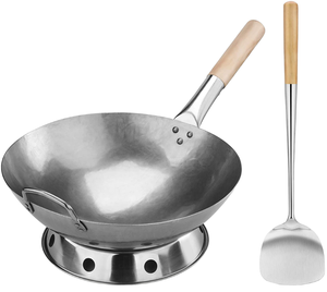 Juego de <span class=keywords><strong>Wok</strong></span> Antiadherente de Acero al Carbono de Grado Comercial, 18L, Ecológico, Martillado a Mano, con Mango de Madera y Acero, Anillo para <span class=keywords><strong>Wok</strong></span>, Espátula, para Gas - Product Image 1