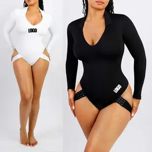 Wholesale New Long Sleeve Black Deep V Neck Tummy Control Seamless Slimming Butt Lifter One Piece Bodysuit Shapewear Women