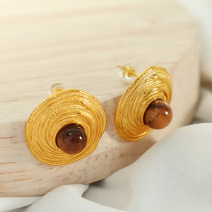 Pendientes de Oro con Ojo de Tigre Estilo Francés, Líneas Circulares Geométricas, Engaste de Bisel, Joyería de Fiesta para Mujer - Product Image 1