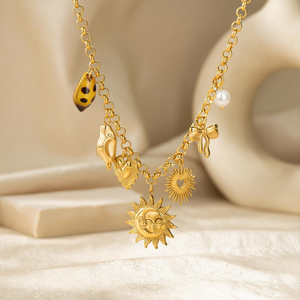 Collier en acier inoxydable plaqué or 18 carats avec pendentif soleil et lune, étanche, inaltérable, motif cœur, nœud et léopard, bijoux pour femme - Product Image 4