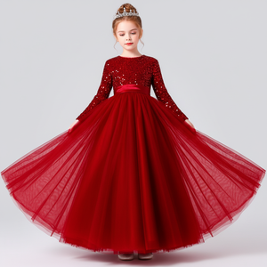 Robe de princesse en tulle doux brodée de velours rouge et de paillettes pour filles, robe de soirée pour enfants - Product Image 5