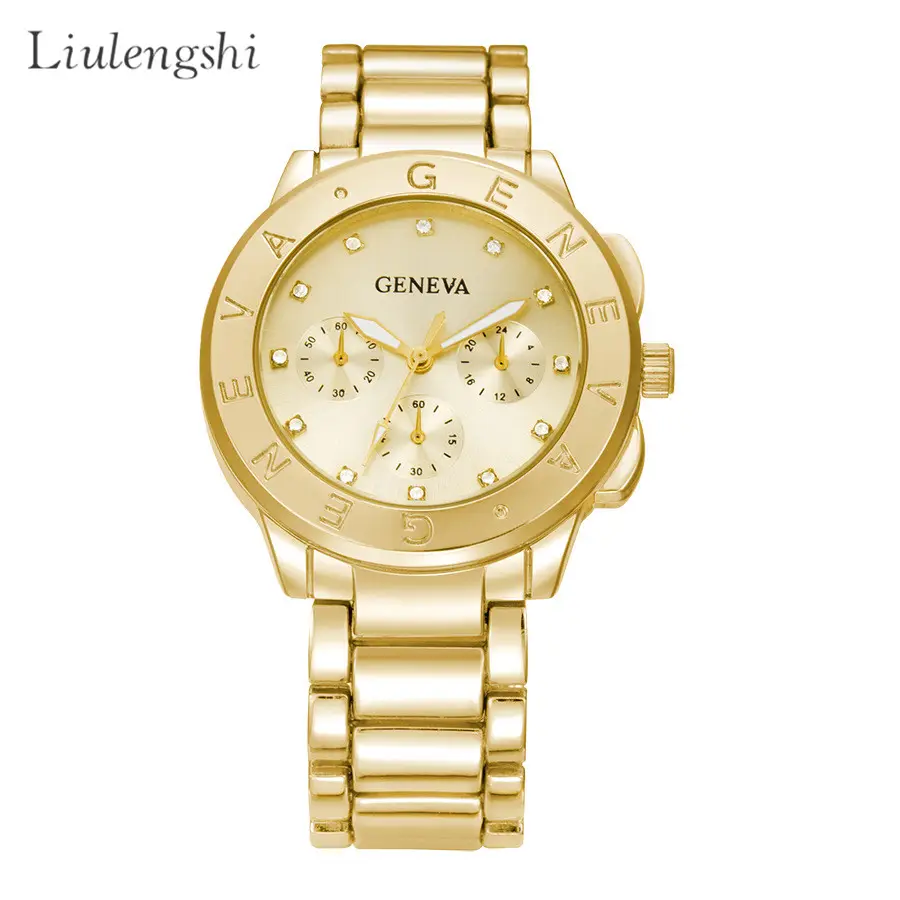 Reloj de pulsera de acero inoxidable para mujer, pulsera de cuarzo Geneva dorada