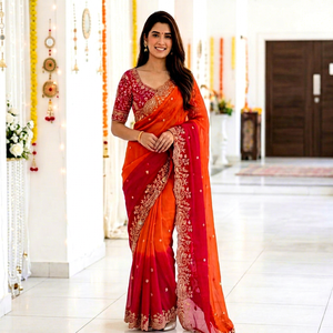 AARA Fashion Traditional Indian Silk <b>Saree</b> Women <b>Red</b> Orange Wedding Wear Floor-Length Regular Fit Stretchable Sun Protection All - Product Image 1