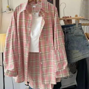 Großhandel Hemden Frauen Laterne Ärmel Strickjacke Vintage Top Pink Lila Kariert Schöne Bluse Mode - Product Image 3