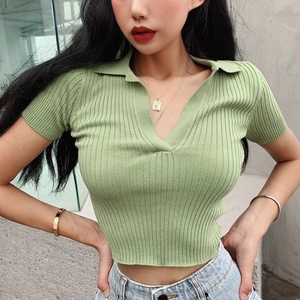 เสื้อครอปรัดรูปคอวีสำหรับผู้หญิง,เสื้อครอปชายมีกระดุมตกแต่งคอเสื้อสำหรับผู้หญิง - Product Image 5