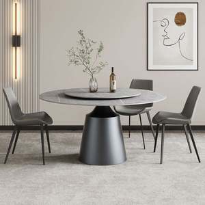 Table à manger rotative en acier inoxydable noir de 60 pouces pour 8 personnes, design minimaliste moderne, plateau en pierre frittée pour villa et appartement - Product Image 3