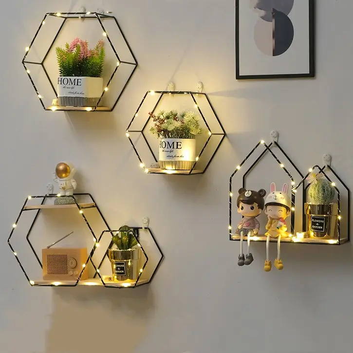 black Metal Wall Mounted Hexagonal house shape Floating Shelves with Wood Partition wall Storage rack for Living Room decoration