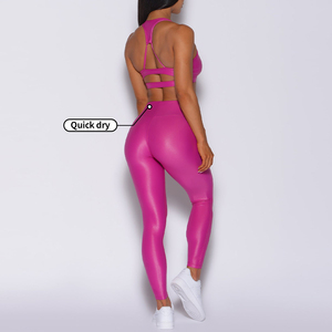 All'ingrosso Private Label Fitness Workout <span class=keywords><strong>Leggings</strong></span> <span class=keywords><strong>lucidi</strong></span> anticellulite abbigliamento da palestra <span class=keywords><strong>donna</strong></span> Shiny 2 pezzi Yoga set - Product Image 3