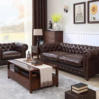 Canapé vintage minimaliste en cuir véritable, capitonné, avec accoudoirs roulés, garniture à clous, pieds en bois massif, pour usage domestique et commercial