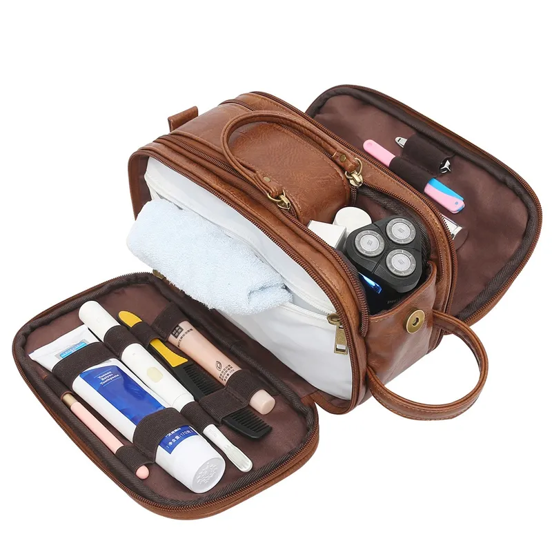 Trousse de toilette pour hommes, sac de rangement Portable de couleur unie en cuir PU sac de cosmétiques pour femmes