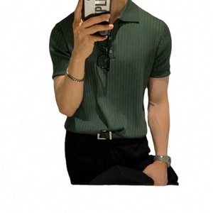 T-shirt à manches courtes pour homme, style Hong Kong, respirant, col rabattu, coupe ample, décontracté, été, fin, couleur unie, tricoté, pour adolescent - Product Image 5