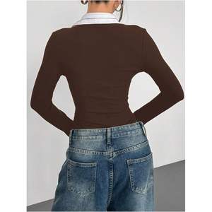 Body de punto elástico a rayas de manga larga con cuello camisero para mujer, estilo preppy - Product Image 4