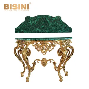 Gorgeous Italy Style Exquisite Hand Carving Pure Copper & Green Malachite Console Table Noble 24K Gold Plated Console Desk