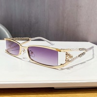 Lunettes de soleil rectangulaires semi-cerclées en métal pour femme, ornées de cristaux et de perles, protection UV400, de luxe, vente en gros, logo personnalisé