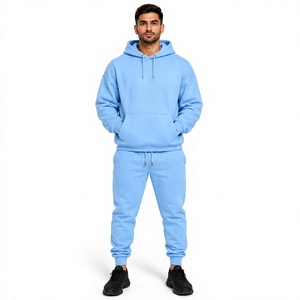 Ensemble survêtement décontracté pour homme, bleu clair, coupe oversize, couleur unie, en molleton bouclette, pour l'automne - Product Image 1