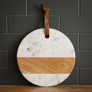 Planche à découper ronde en marbre et bois avec sangle de suspension en cuir, bloc de découpe blanc, planche à découper unique, nouveau design, décoration de table - Product Image 1
