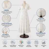 Robe Midi en Gros 220GSM Coton Dentelle Crochet Col V Manches Courtes Style Bohème Femme Ourlet Frangé Logo Personnalisé OEM