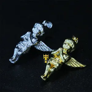 Wholesale hip hop 18k gold plated solid jewelry small charms 14k gold plated cupid wings pendants