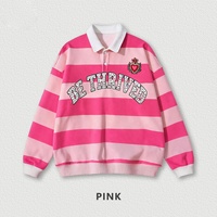 Polo sweat-shirt vintage surdimensionné à manches longues rayé avec strass pour homme, style rugby, preppy, streetwear, pull universitaire