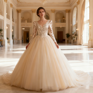 Robe de mariée longue à manches longues et dos nu, brodée à la main, style robe de bal, longueur ras du sol, avec traîne chapelle, soutien-gorge intégré, en tulle et <span class=keywords><strong>perles</strong></span>, collection 2025 - Product Image 1