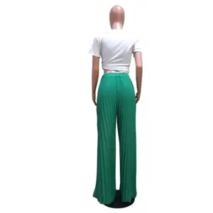 Katı bayanlar pantolon yüksek bel iyi sıkı pileli kadın pantolon yeşil sarı siyah rahat gevşek geniş bacak pantolon kadın