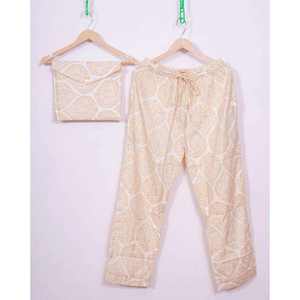 Ensemble de pyjama pour femme en coton tissé à motifs floraux ethniques, col en V, taille élastique, imprimé à la main, respirant, léger, robe d'automne - Product Image 5