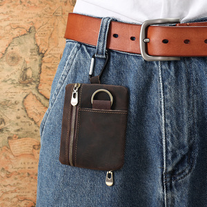 กระเป๋าใส่เหรียญหนังแท้ ที่ใส่กุญแจ กระเป๋าคาดเอวขนาดเล็กอเนกประสงค์ สีทึบ สีแดงไวน์ - Product Image 1