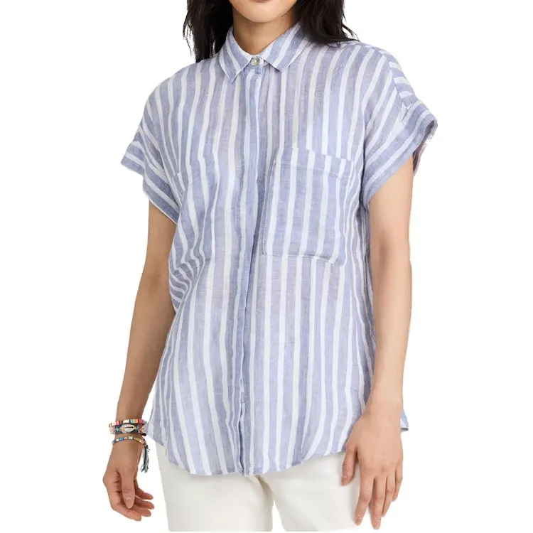 Женская блузка в полоску, Повседневная рубашка с отложным воротником, накладными карманами и скрытой планкой, с коротким рукавом, на лето