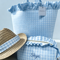 Bolsa de Mano de Tela de Algodón, Suave, Duradera, Abierta, de Gran Capacidad, para Primavera/Verano, con Diseño a Cuadros, Personalizada con Bordado Cursivo