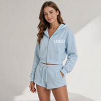 Ensemble de vêtements de sport pour femmes, sweat-shirt à capuche zippé surdimensionné personnalisé avec logo, short en molleton, deux pièces