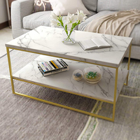 Table basse de salon de luxe moderne en métal doré avec plateau en marbre et panneau en bois pour salon
