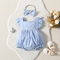 Combinaison sans manches pour bébé fille, combinaison de couleur unie, ensemble bandeau pour cheveux, vêtements pour nouveau-né