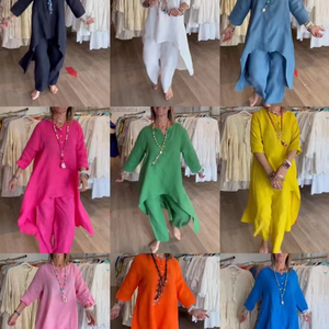 Summer New Solid Color Casual Long Sleeve Cotton Linen Long <b>Tops</b> Long Pants Women's 2 Piece Set Digital Breathable Eco-Friendly - Product Image 2