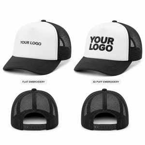 Gorra Trucker Personalizada al por Mayor con Logotipo Bordado en 3D, Espuma Dobby Dot, Malla Trasera, Negra y Blanca, con Cierre a Presión para Streetwear - Product Image 1