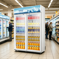 Réfrigérateur à boissons blanc à deux portes avec refroidissement direct mécanique et étagères en fil métallique réglables pour l'affichage des produits en magasin d'alimentation