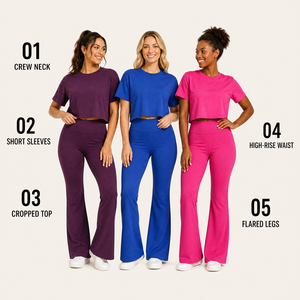 Ensemble 2 pièces de sport et yoga pour femme grande taille avec logo personnalisé, taille élastique, manches courtes amples et leggings évasés taille haute - Product Image 3