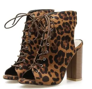 CSB45 lace up ข้อเท้ารองเท้าแฟชั่น leopard พิมพ์ chunky heel peep toe ข้อเท้า boot