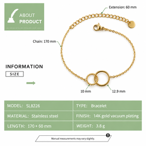 Bracelet à double cercle entrelacé, chaîne fine en acier inoxydable plaqué or 14 carats sous vide, fermoir réglable à ressort - Product Image 4