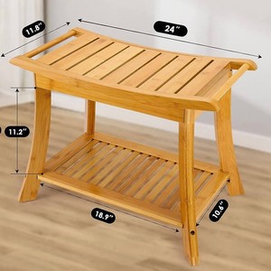 Tabouret de douche en bambou avec étagère de rangement à 2 niveaux, meuble de salle de bain antidérapant pour adultes et personnes âgées - Product Image 3