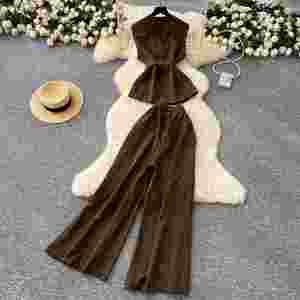 Ensemble 2 pièces décontracté d'été pour femme, tissé uni, comprenant un haut tunique sans manches à col rond avec lien et un pantalon de jogging taille haute, infroissable et respirant - Product Image 4