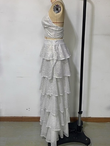 V-Cổ Sexy Treo <span class=keywords><strong>Sequin</strong></span> 2 Mảnh Thiết Lập Ăn Mặc Phụ Nữ Vest Và Pleated Dài Váy Hai Mảnh Váy Bộ - Product Image 5