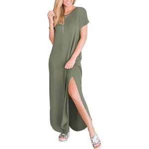 Vestido largo de verano para mujer, de manga corta, holgado, estilo camiseta, con cuello redondo y abertura, informal, para vacaciones, playa, vestido de sol, atuendo de viaje - Product Image 3